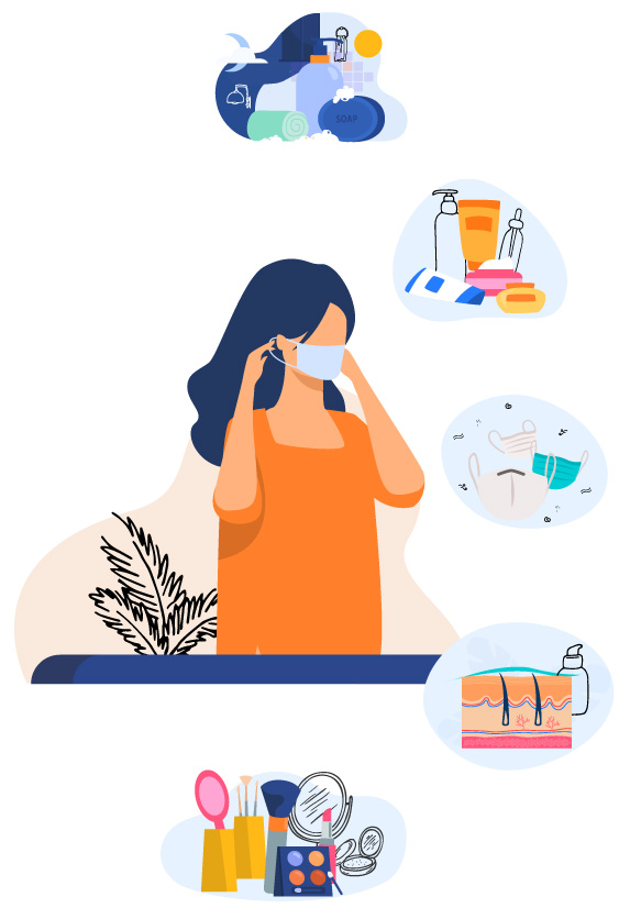 Ilustración de una mujer colocándose su cubrebocas, alrededor hay artículos para una rutina de cuidado de la piel, que ayudará a esta mujer a evitar el acné causado por usar cubrebocas.