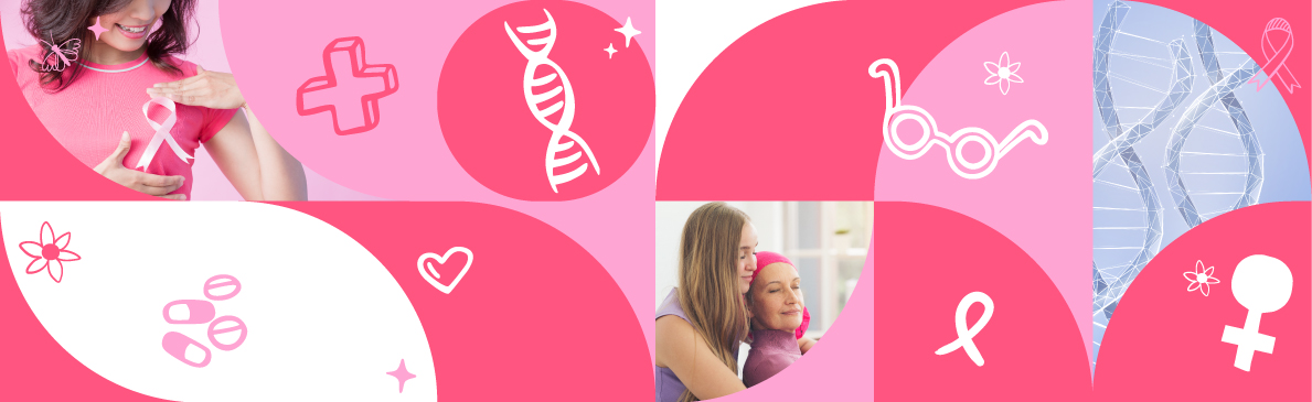 Portada de artículo sobre el cáncer de mama hereditario donde aparece una mujer portando un moño rosa, una cadena de adn, un corazón y una hija abrazando a su madre con cáncer