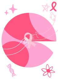 Ilustración con un moño rosa de cáncer de mama al centro, rodeado por una cadena de adn, una flor, unas estrellas y el dibujo de una mujer