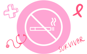 Ilustración de un cigarro con un símbolo de prohibido superpuesto y el texto survivor que significa sobreviviente en español, junto a un moño que simboliza la lucha contra el cáncer de mama hereditario