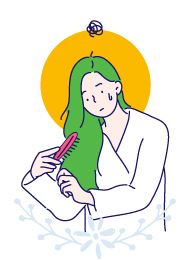 Ilustración de una mujer llorando mientras se peina porque se le está cayendo el cabello después de padecer COVID-19.