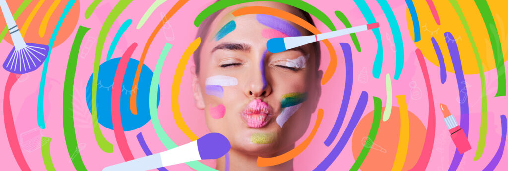 Fotografía de una mujer mandando un beso con los labios, la modelo tiene un maquillaje colorido. La fotografía intervenida con ilustración de muchos colores. Esta mujer usó agua termal para sellar su maquillaje.